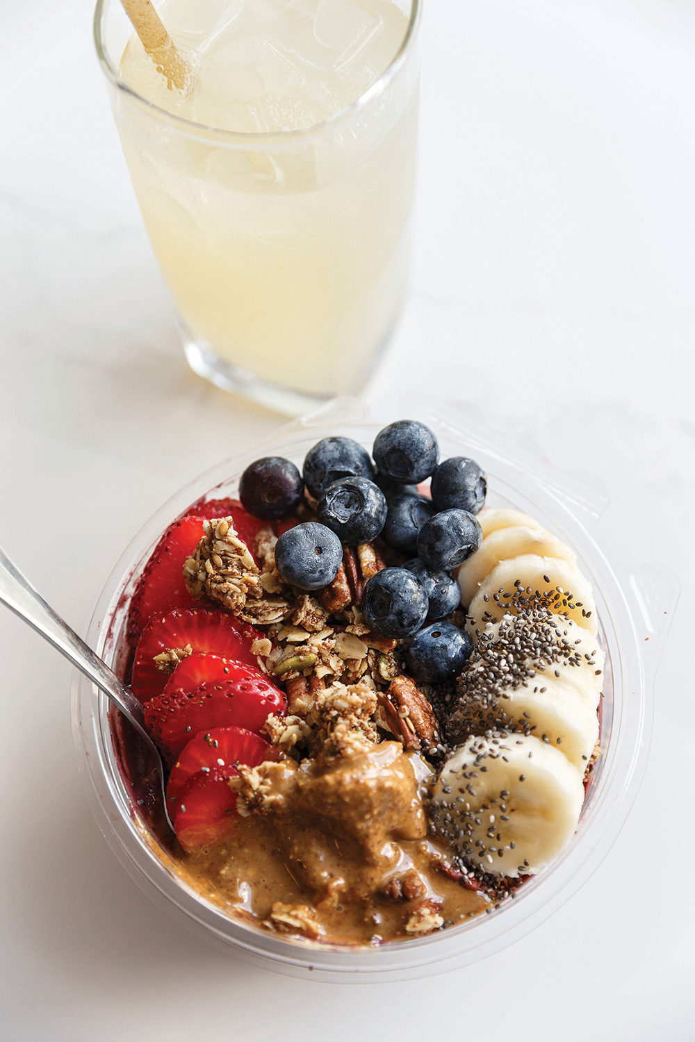 Almond butter acai bowl with teff granola and organic chia seeds.