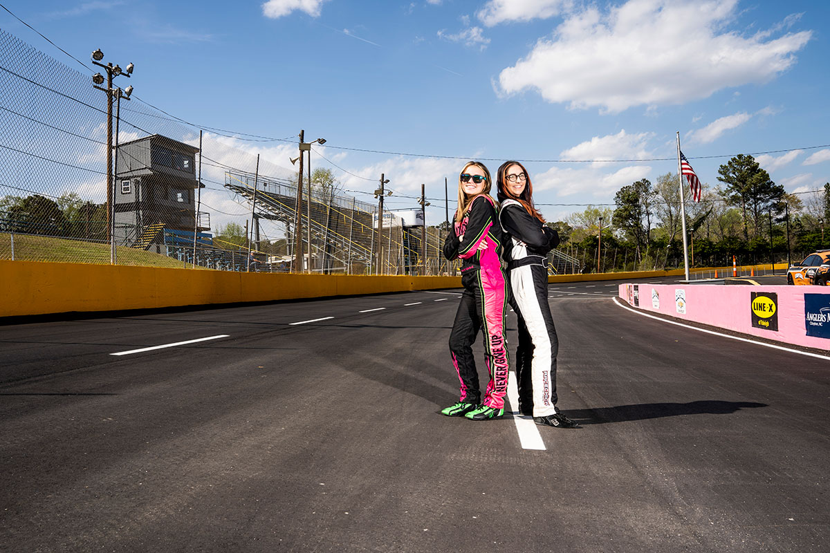 On track to win: Phoenyx (left) and Raven Kimball strike a pose on the Wake County Speedway.