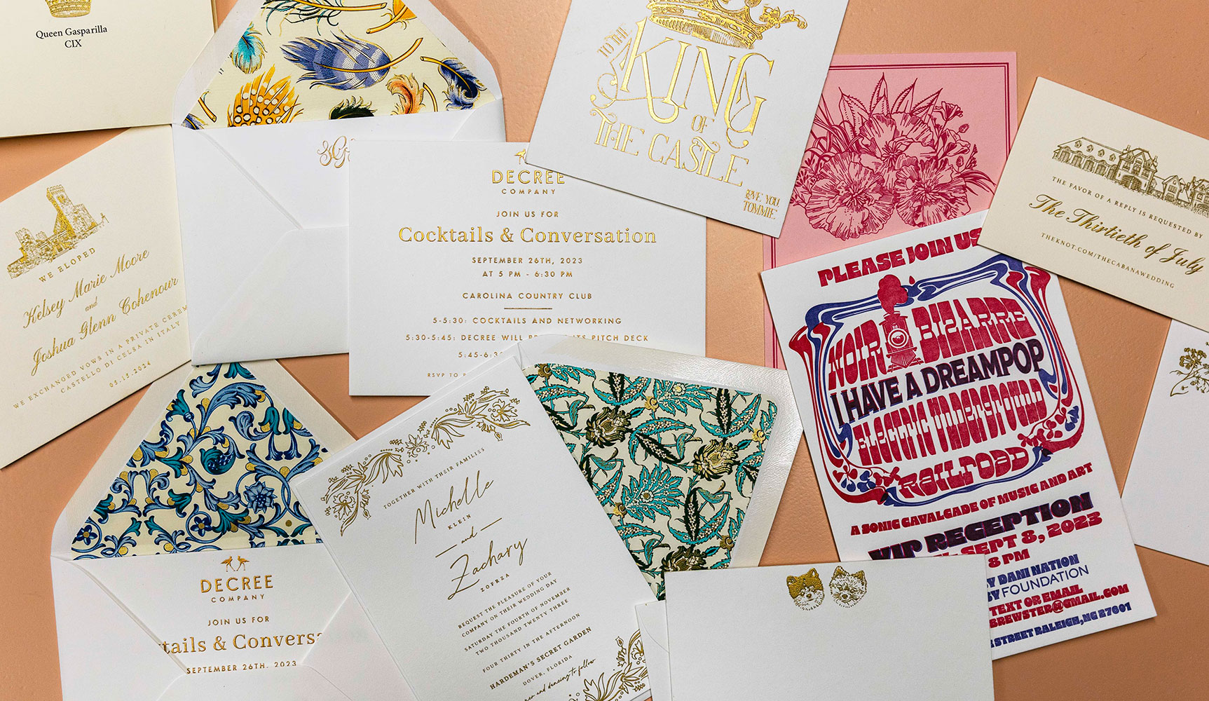 Bespoke stationery is designed and created in-house. All of Decree’s cards have the illustrious raised or pressed-in effect and are printed on 100% cotton paper of thick stock.